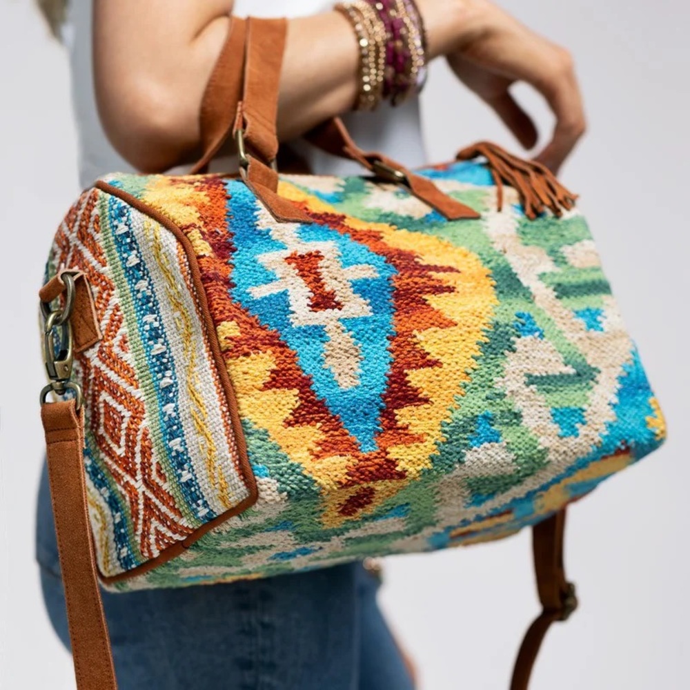 Southwestern Bohemian Brown and Blue Geometric Weekender Shoulder Bag NWT